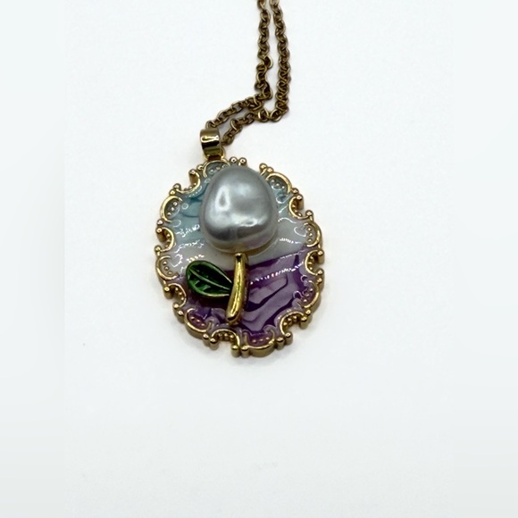 Floral and Pearl Enamel Charm Pendant Necklace - Picture 4 of 8